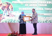 TERBAIK: Gubernur Jawa Timur Khofifah Indar Parawansa menerima penghargaan dari Dirjen Perkebunan, Kememterian Pertanian (Kementan) Andi Nur Alamsyah di Malang, Kamis (16/1/2023).